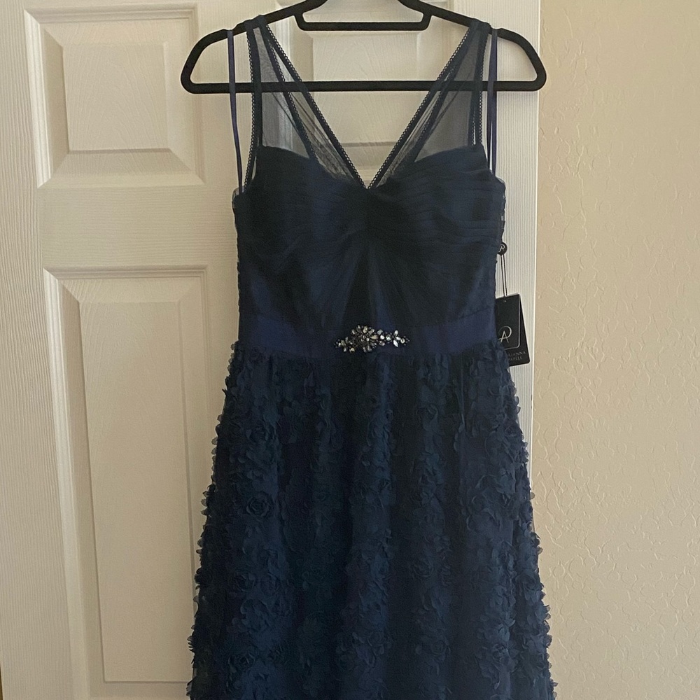 Adrianna Papell navy lace and floral floor length gown with jewel embellishment